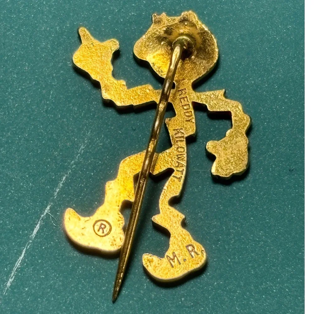 Vintage Reddy Kilowatt Lapel Pin Gold Tone Enamel Electric Mascot 1940s - 50s - Picture 2 of 3